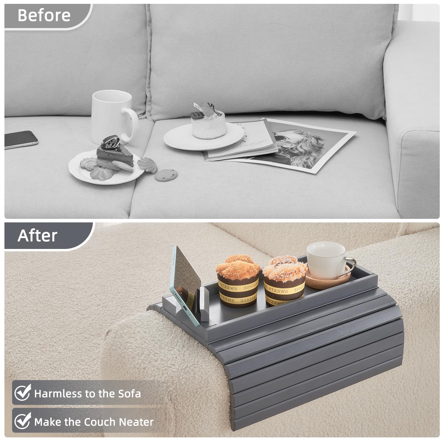 360° Rotating Bamboo Sofa Arm Tray - Foldable Side Table with Cup Holder for Snacks & Drinks - Perfect for Living Room Relaxation