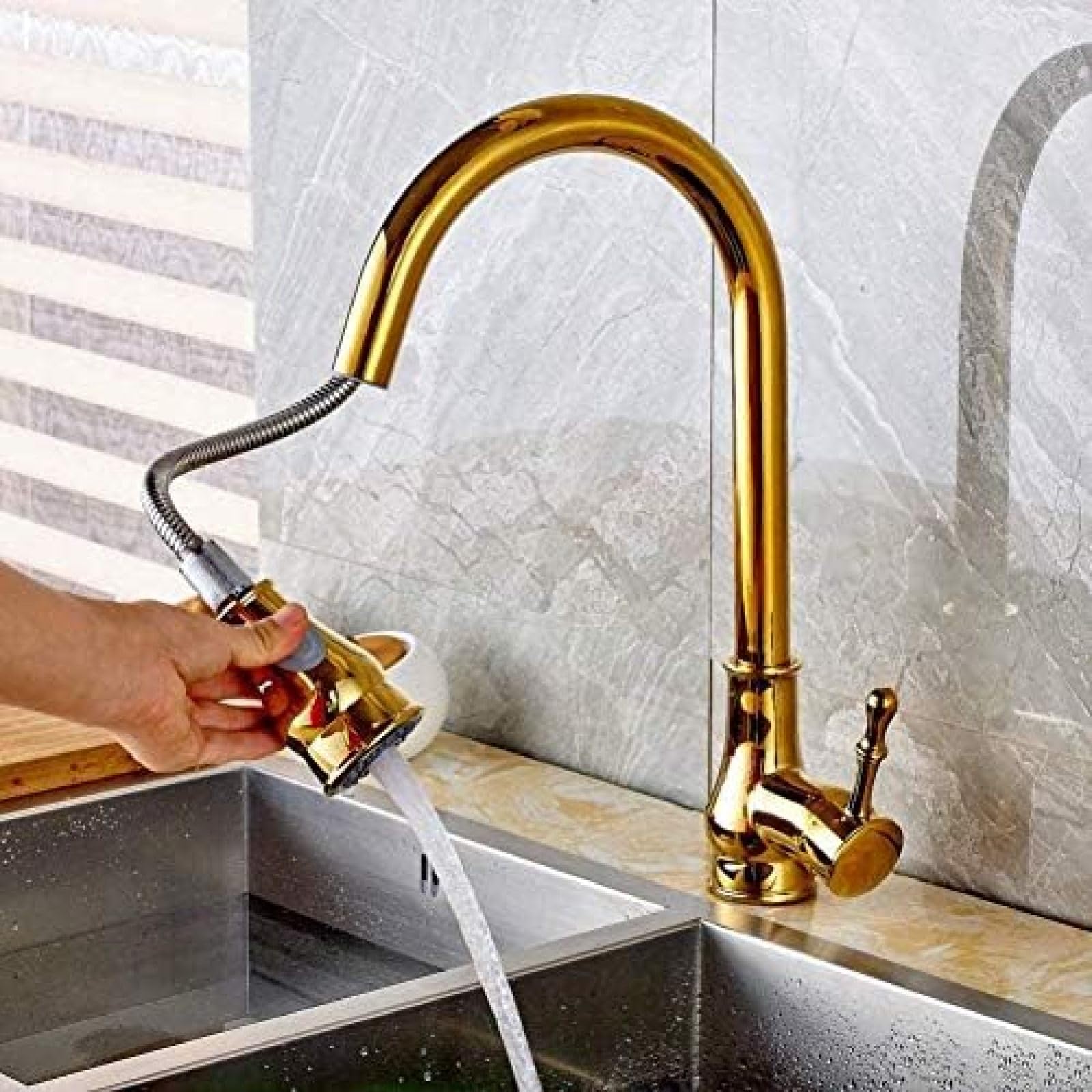 CRJUS Golden Brass Pull Out Kitchen Faucet - Deck Mount Sink Mixer for Hot & Cold Water - Perfect for Modern Kitchens