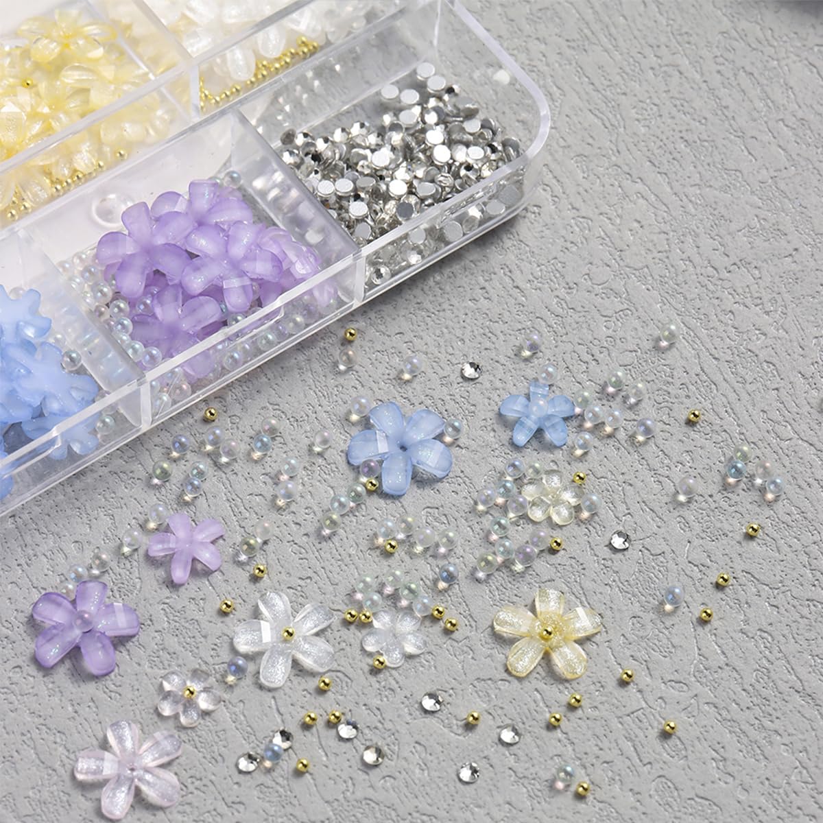 3D Colorful Flower Nail Charms - 6 Grids Acrylic Nail Art DIY Accessories with Gold Beads, Pearls & Rhinestones for Manicure, Wedding, Party Nail Designs