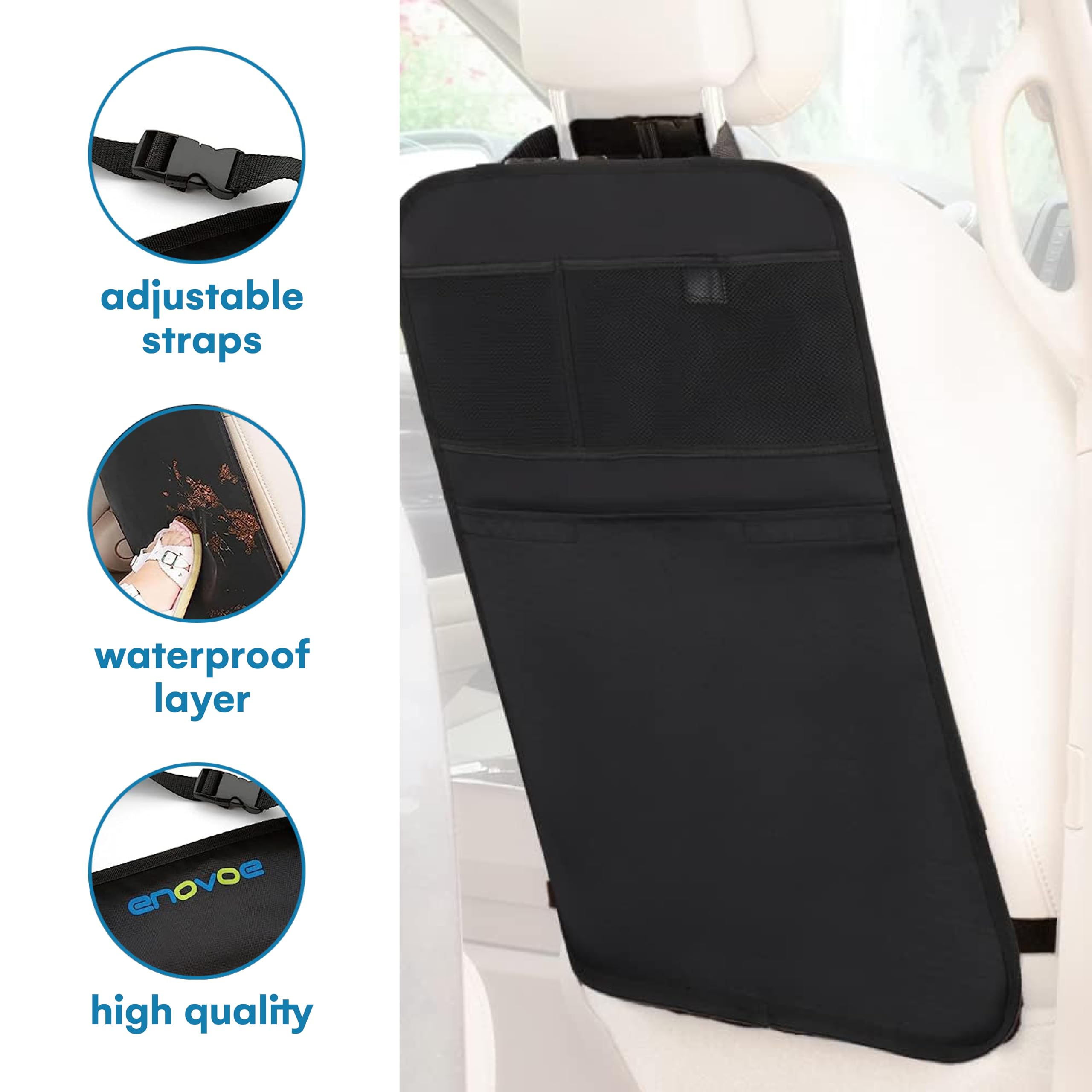 Enovoe Extra Large Back Seat Cover for Kids - 2 Pack Waterproof Car Seat Protector with Multi-Pocket Storage Organizer | Protects Upholstery from Dirt, Mud & Scratches | Perfect for Road Trips, School Runs & Pet Transport