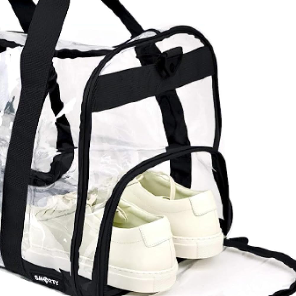 Large Clear Heavy Duty Transparent Duffel Gym Bag with Clear Bottom & Side Shoe Pocket - Removable Shoulder Strap for Men & Women - Perfect for Fitness, Travel & Airport Security Check (Black)