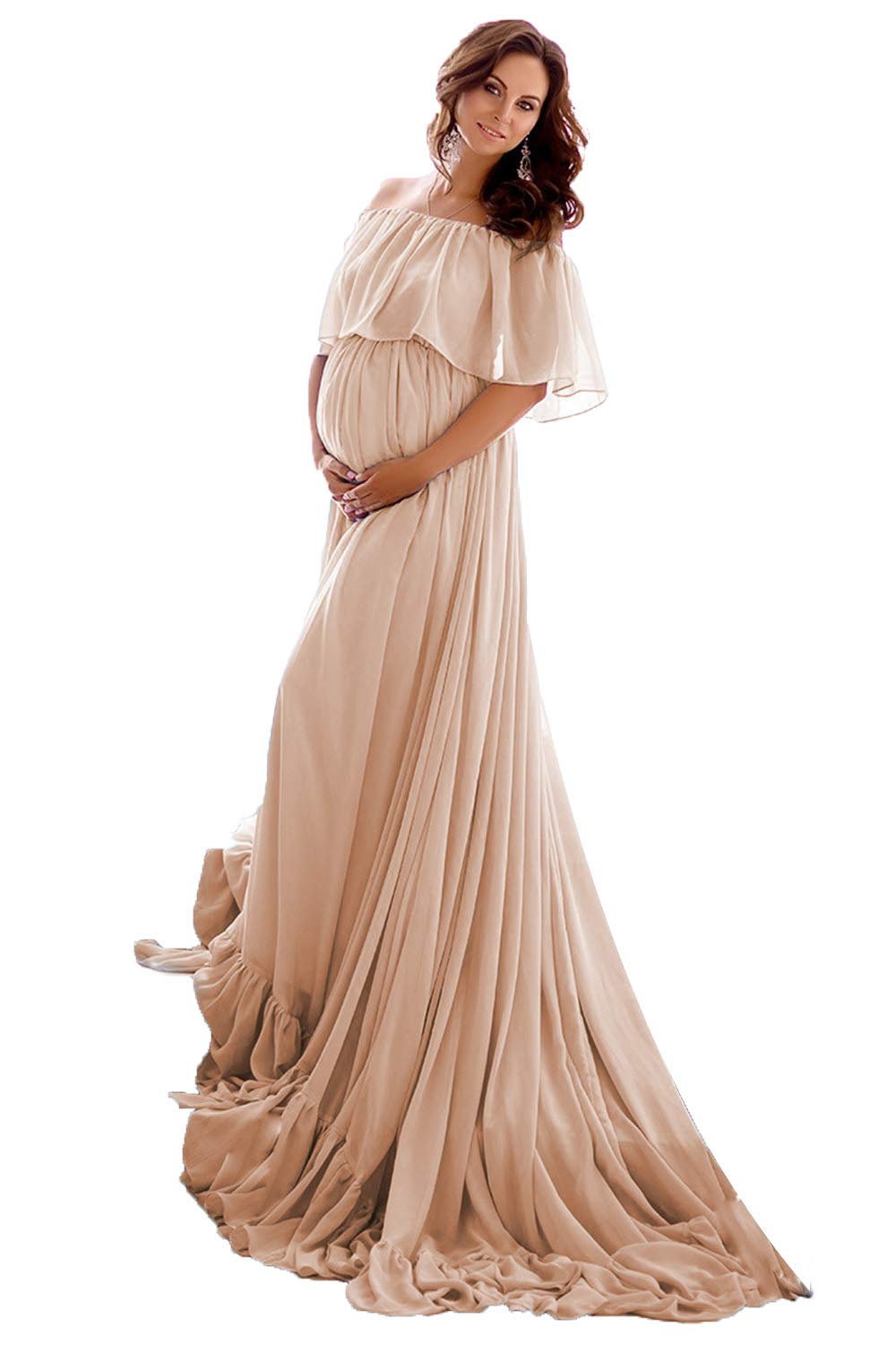 Elegant Off Shoulder Maternity Gown - Flowy Chiffon Maxi Dress with Train for Pregnancy Photoshoot & Special Occasions | Comfortable Formal Wear for Expecting Mothers