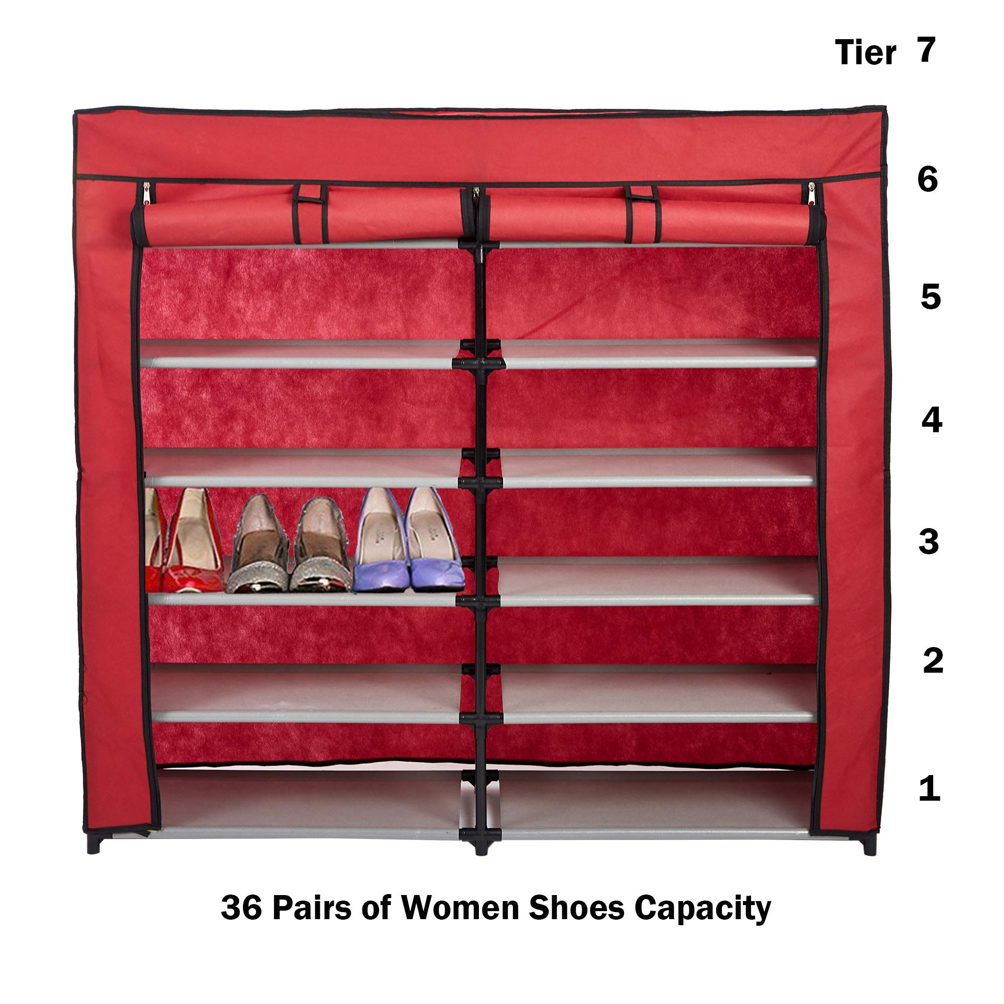 Double Row 7-Tier Adjustable Shoe Rack with Non-Woven Fabric Cover - Space Saving Closet Organizer for Shoes, Clothing & Accessories Storage - Perfect for Bedroom, Entryway or Walk-in Closet (Red)