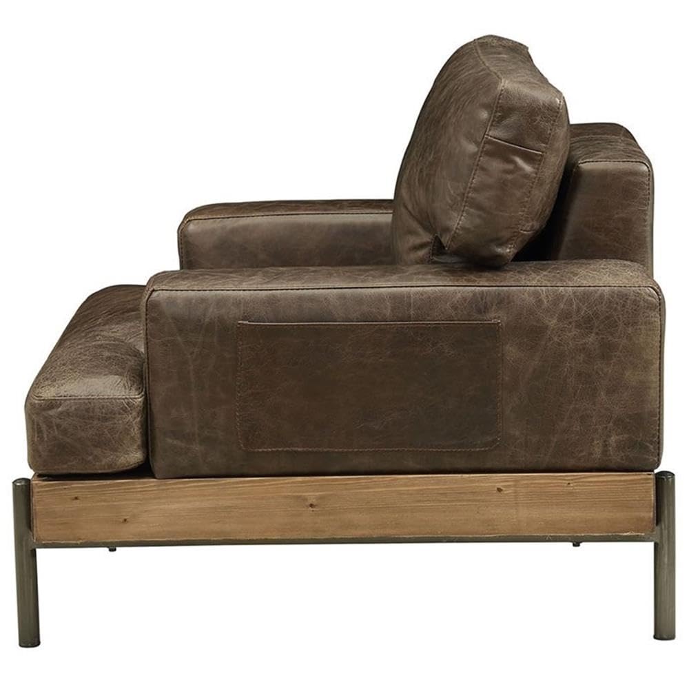 Acme Silchester Genuine Leather Accent Chair - Distressed Chocolate Brown with Oak Wood Frame | Perfect for Living Room, Office or Reading Nook