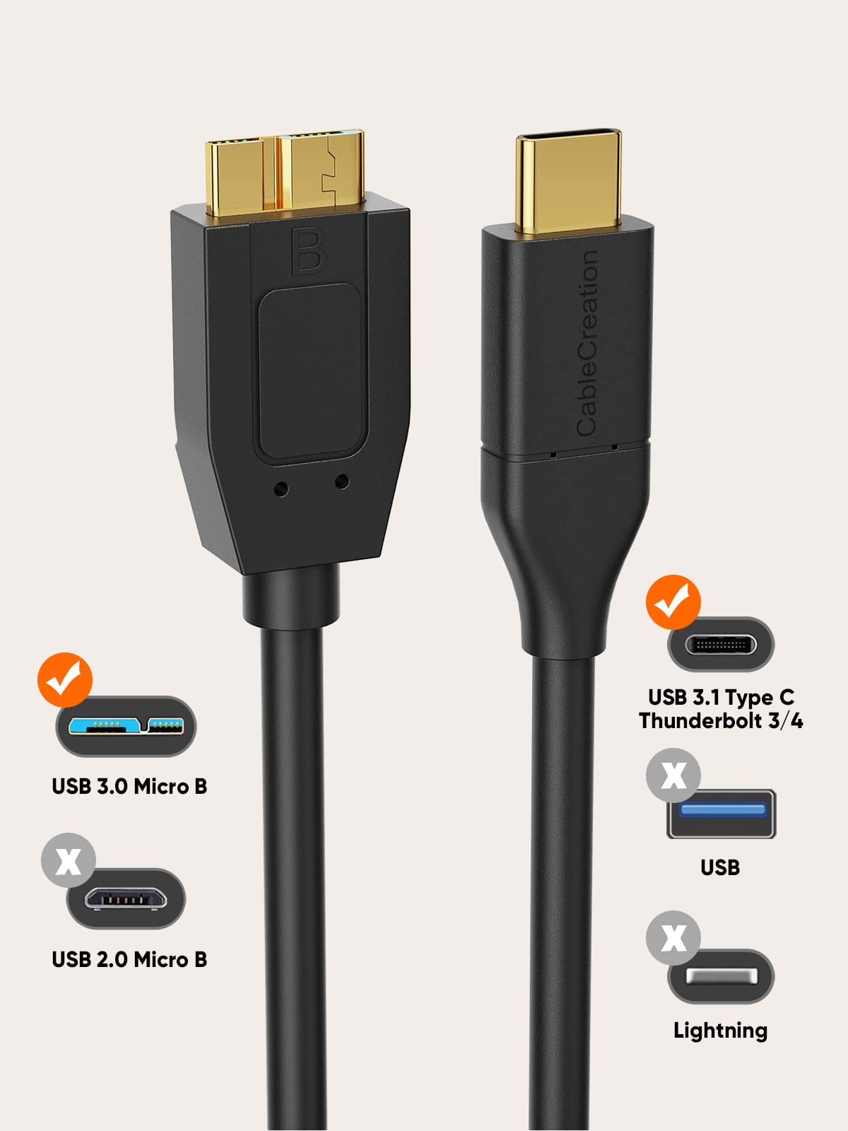 CableCreation USB 3.1 Micro B to USB C Cable 2FT (10Gbps, 0.6m) - High Speed External Hard Drive Cable for MacBook Pro/Air, Samsung Galaxy S5, WD My Passport/Elements - Perfect for Data Transfer & Backup (Black)