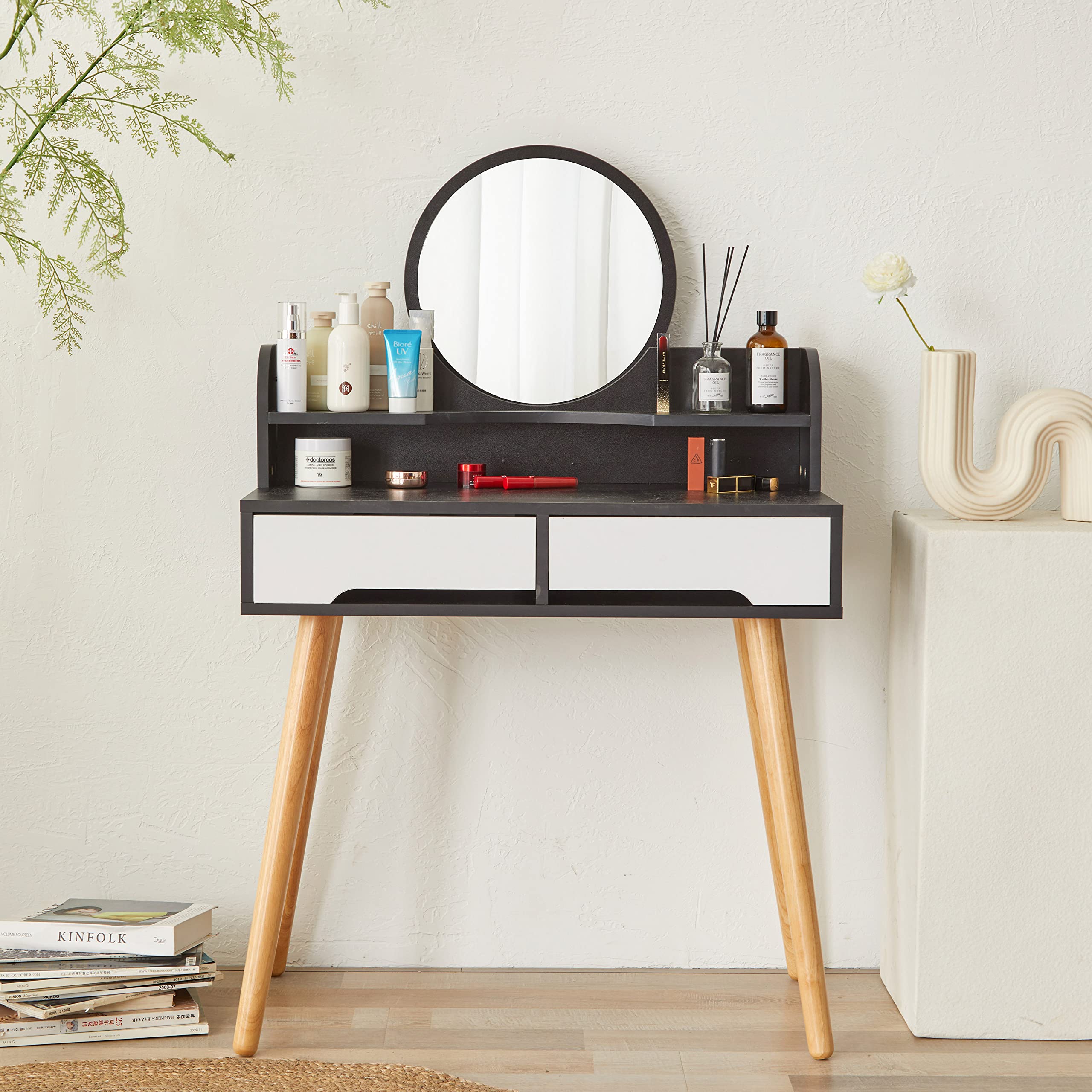 Vanity Desk with Mirror & 2 Drawers - Modern Makeup Dressing Table for Bedroom & Living Room, Elegant Black - Perfect for Cosmetics Storage & Beauty Routine
