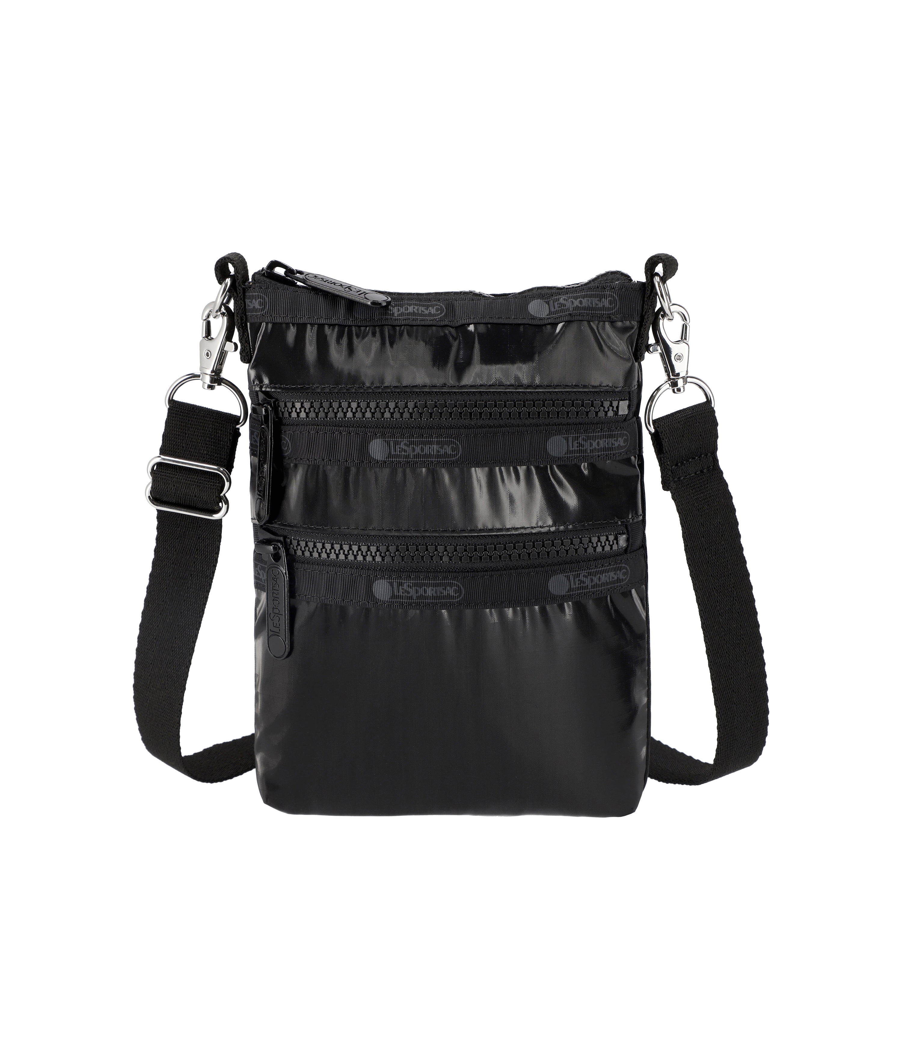 3-Zip Crossbody Bag - Shiny Black Handbag for Women | Fashionable Shoulder Purse for Daily Use, Travel & Shopping
