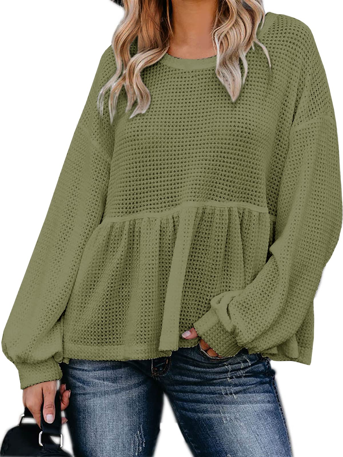 Women's Waffle Knit Long Sleeve Peplum Blouse with Ruffled Layered Hem - Casual Fall Tops for Work, Date Night & Autumn Outfits