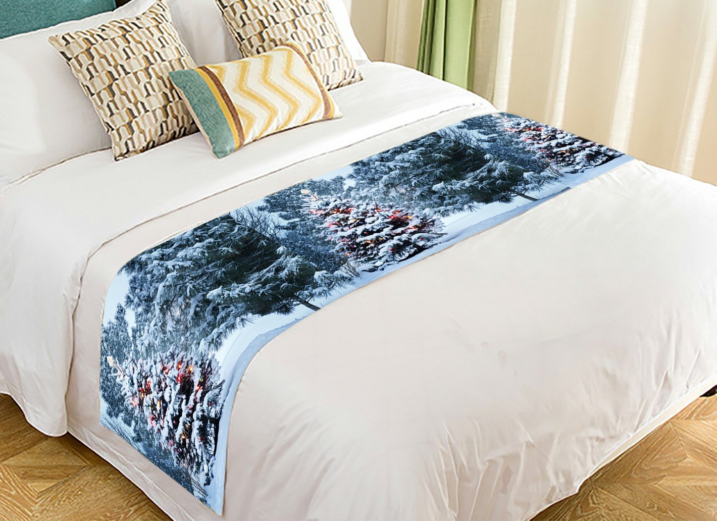 Custom Winter Snow Covered Christmas Tree Landscape Bed Runner - 20x95 Inch Scenic Nature Bed Scarf for Holiday Home Decor, Bedroom Aesthetic, and Cozy Seasonal Ambiance