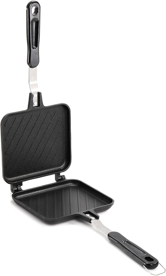 Elsjoy Non-Stick Stovetop Panini Press - Double Sided Sandwich Maker with Handle for Grilled Cheese, Breakfast & Hot Sandwiches - Perfect for Home Kitchen, Camping & Quick Meals