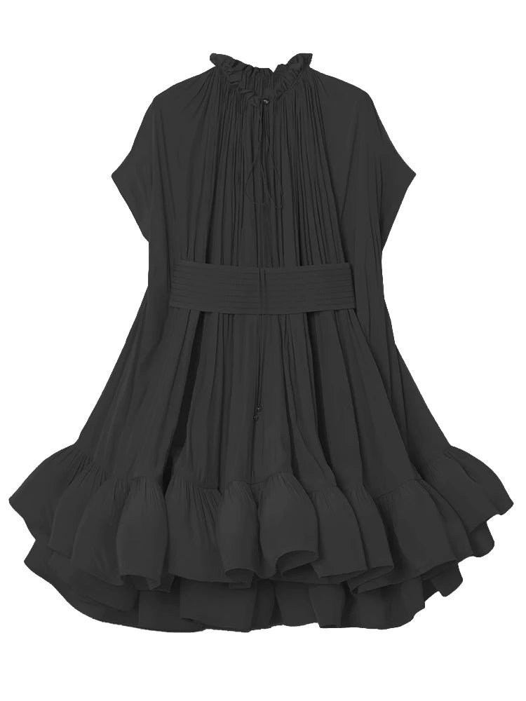 Women's Asymmetrical High Waist Pleated A-Line Mini Dress - Round Neck Short Sleeve Summer Casual Dress for Date Night, Party & Vacation