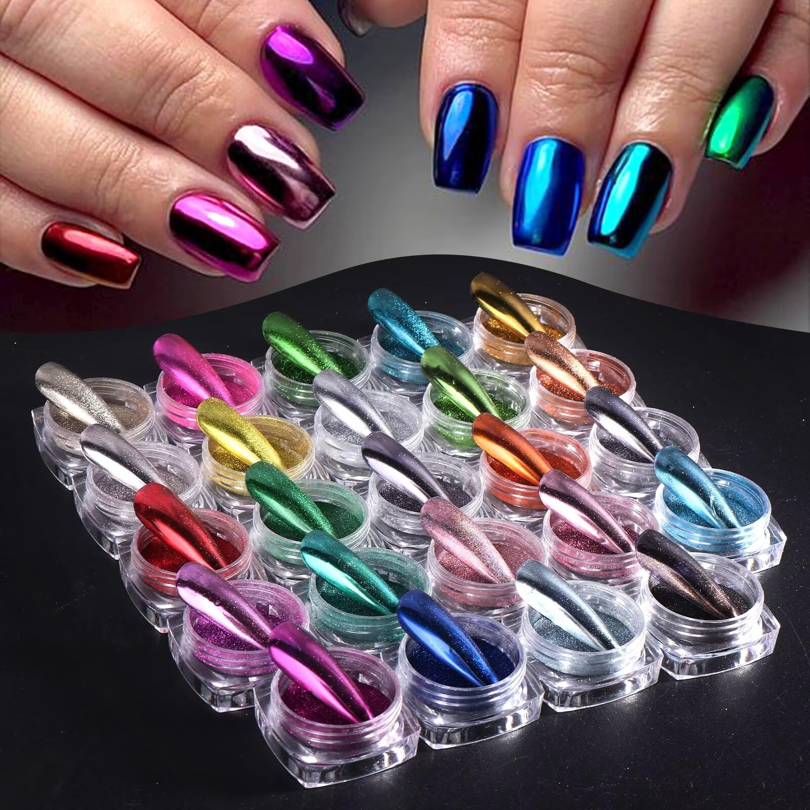 24 Colors Chrome Nail Powder Art Kit - Glitter Metal Chameleon Pigment Powder with Mirror Effect for DIY Nail Art | Nail Accessories & Supplies for Beginners | Perfect for Salon, Home Manicure & Party Nail Designs