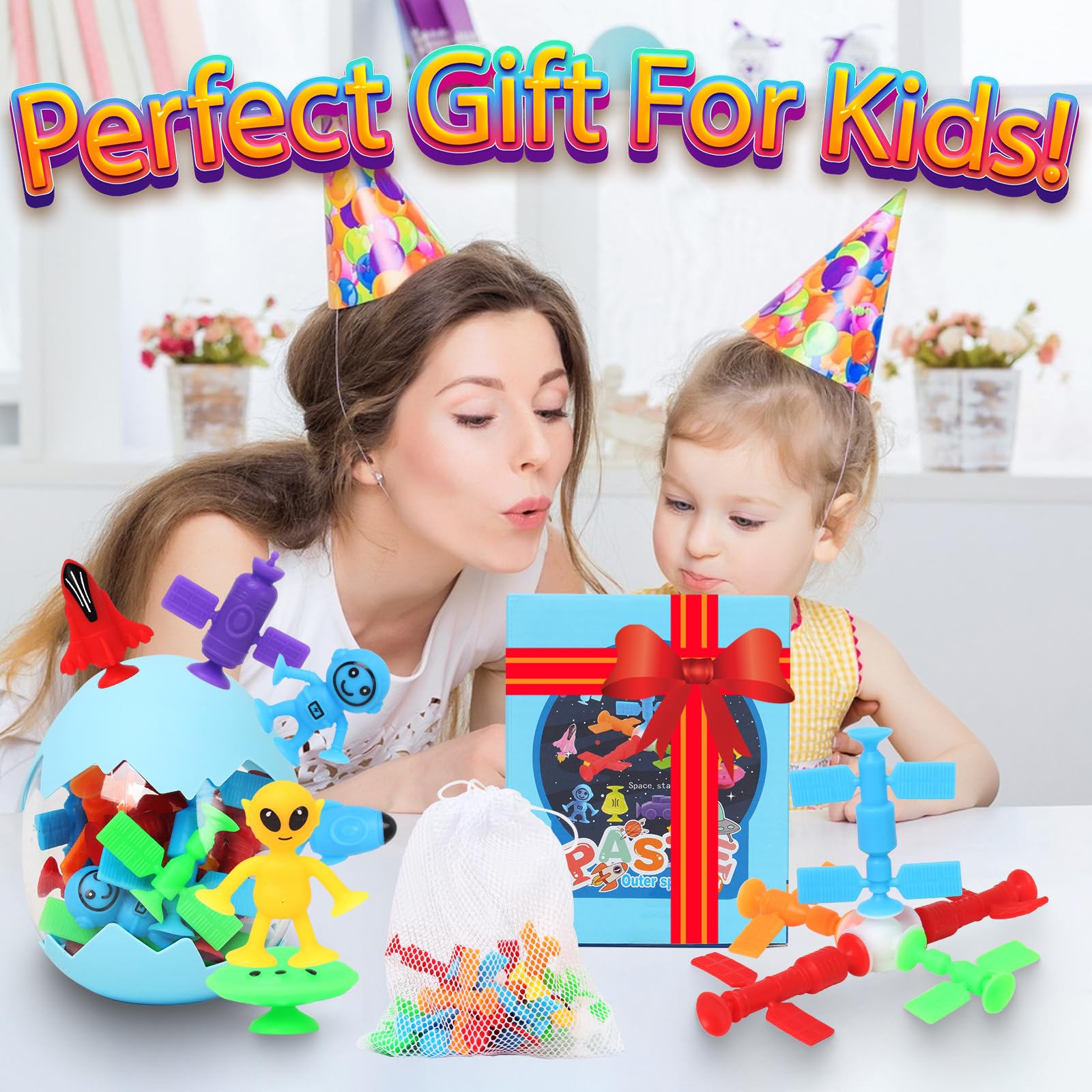 20-Piece Outer Space Bath Toys for Kids - No Hole Sensory Suction Cup Toys with Eggshell & Storage Bag, Fun Building Window Play for Toddlers Boys & Girls Ages 3-6 - Perfect for Bathtime Fun & Early Learning Development
