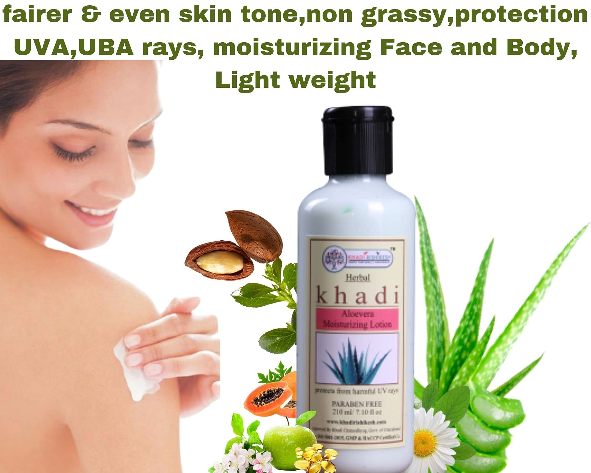 KHADI RISHIKESH Herbal Aloe Vera Body Lotion with Aloe Extract - Non Greasy, Non Sticky Formula for Face, Hands & Body - Suitable for Normal to Dry Skin - Paraben Free - Unisex (210ml) - Includes Free Nail Clipper - Perfect for Daily Moisturizing & Skin Care Routine