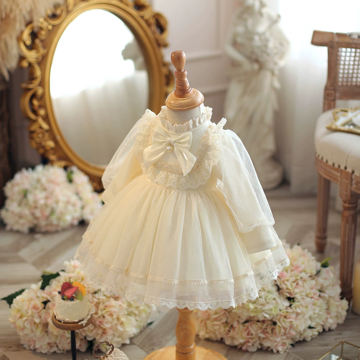 Ivory Princess Mock Neck Tea Length Tulle Flower Girl Dress - Perfect for Weddings, Pageants & Special Occasions