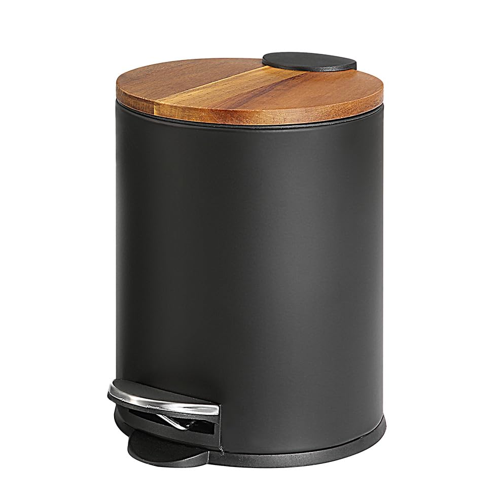 SunnyPoint 3L Mini Trash Can with Wooden Lid - Step Pedal & Slow-Close Small Garbage Bin for Bathroom, Office, Kitchen, RV - Removable Inner Bucket (Black) | Perfect for Small Spaces, Home Decor & Waste Management
