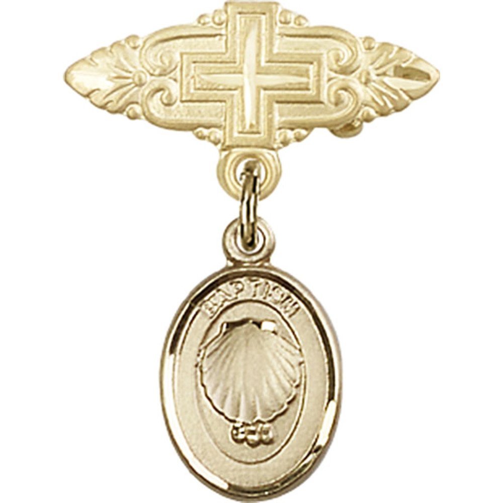 Gold Filled Baby Baptism Badge with Cross Charm - 1 X 3/4 Inch Religious Pin for Christening, First Communion & Baby Blessing Ceremonies