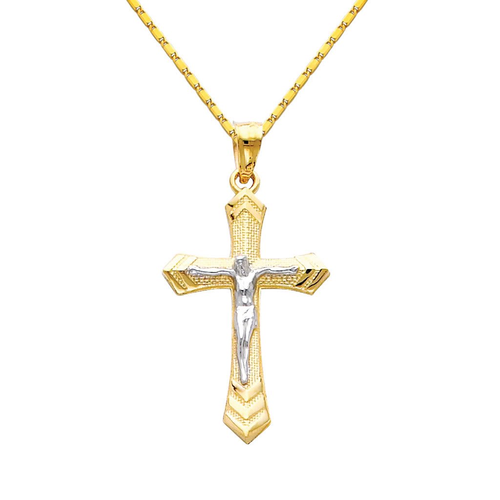 14K Two-Tone Gold Jesus Cross Religious Pendant Necklace with 1mm Snail Link Chain - Elegant Spiritual Jewelry for Women & Men - Perfect for Church, Baptism, Gifts & Daily Wear