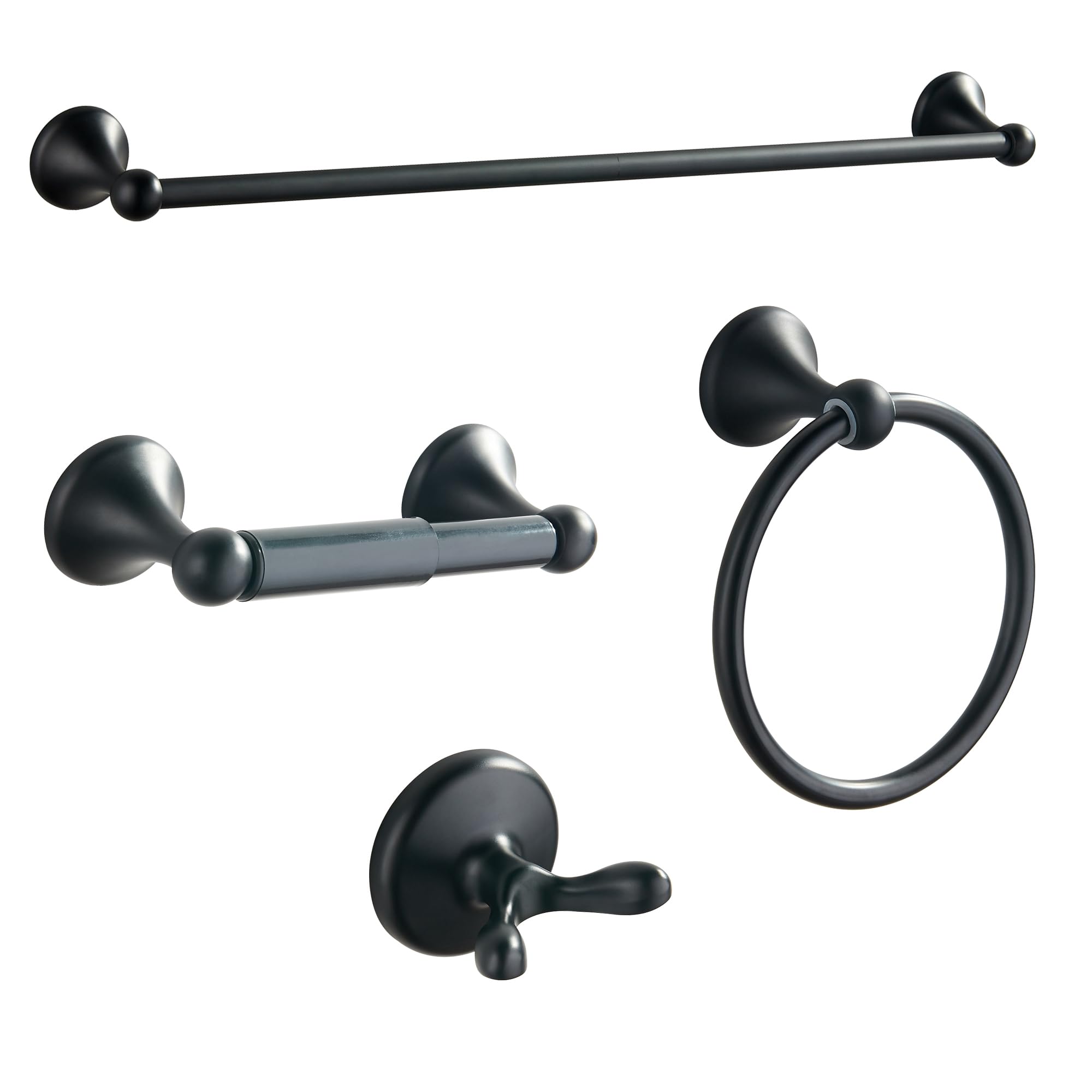 BGL Matte Black 4-Piece Bathroom Hardware Set - Adjustable Expandable Towel Bar, Wall Mounted Robe Hook, Toilet Paper Holder & Towel Ring | Modern Bathroom Accessories for Home & Hotel Decor