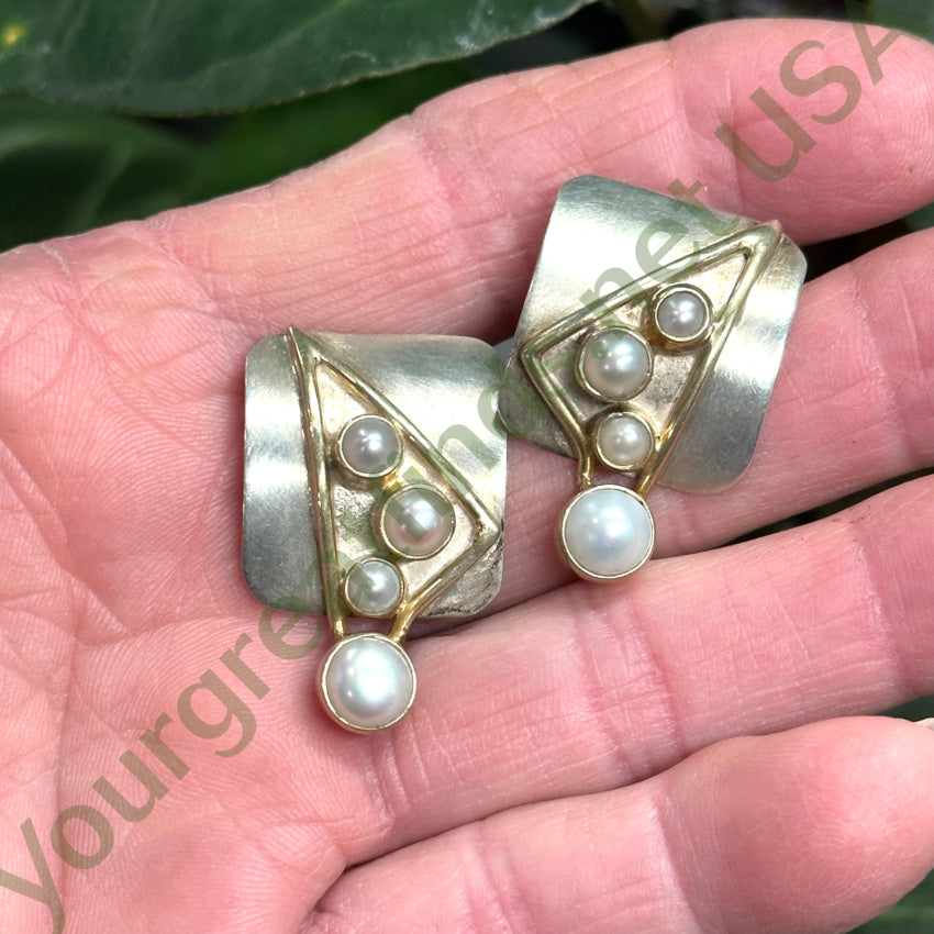 Vintage Artisan Sterling Silver Gold Plated Freshwater Pearl Pierced Earrings for Women - Elegant Dangle Drop Earrings for Wedding, Party & Special Occasions
