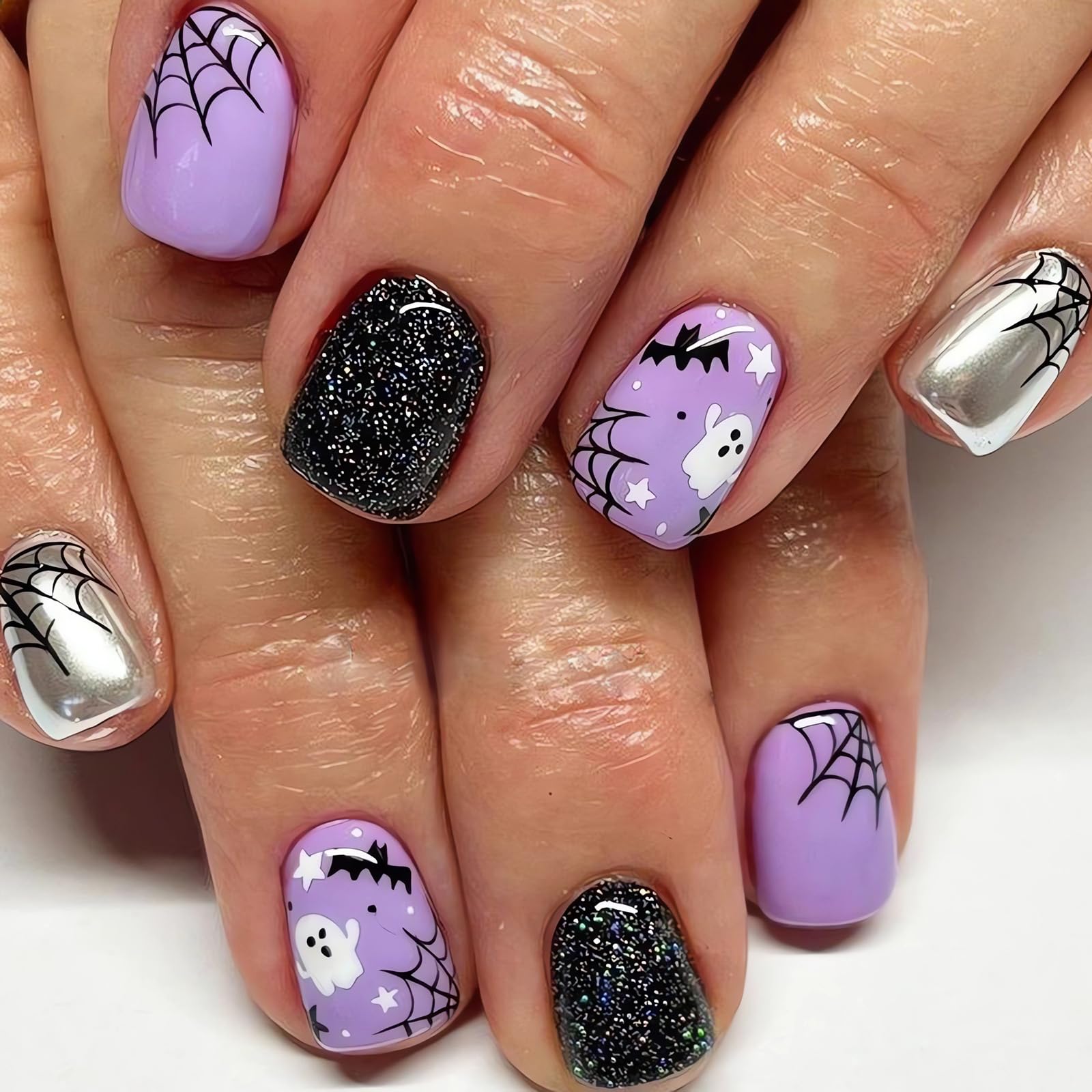 24Pcs Halloween Press On Nails Short Square - Black Purple Fake Nails with Ghost Bat Spider Web Designs | Full Cover Glue On Nails for Women | Perfect for Halloween Parties, Costume Events & Nail Decorations