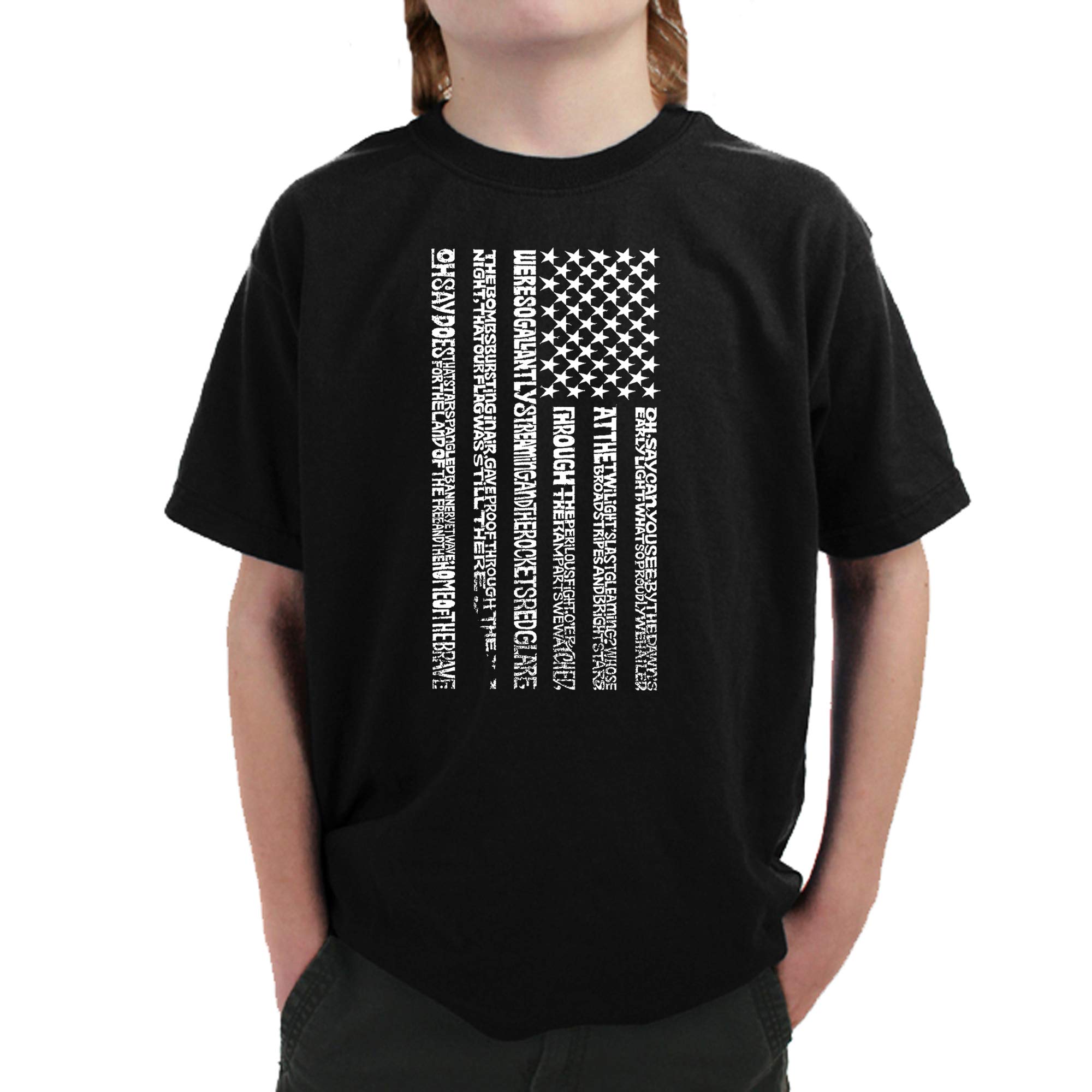 LA POP ART Boys' Word Art T-Shirt - Patriotic National Anthem Flag Design | Cool Graphic Tees for Kids, American Pride Outfit for 4th of July & School Events