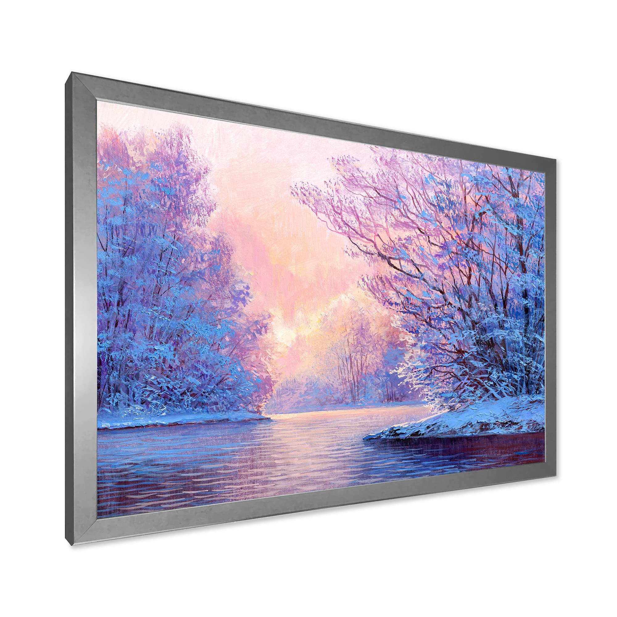 Winter Landscape With The River - Original Lake House Framed Wall Art Painting for Living Room, Bedroom & Office Decor