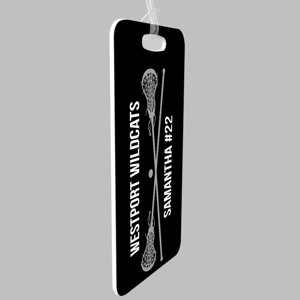 Personalized Girls Lacrosse Bag Tag with Crossed Lax Sticks - Large Black/Gray Luggage Tag with Standard Lines - Perfect for Travel, Sports Gear & School Backpacks
