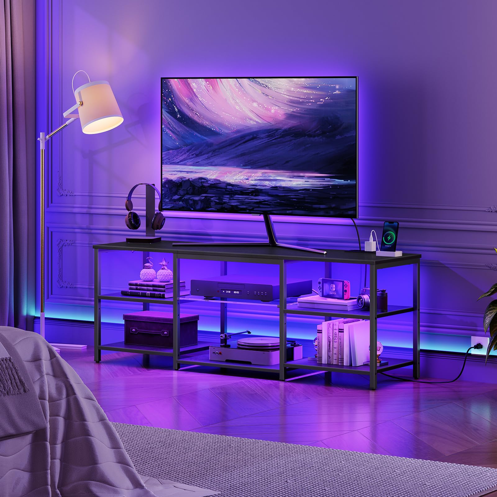 HOOBRO 65 Inch LED TV Stand with Charging Station, 3-Tier Open Storage Gaming Entertainment Center, Long Media Console Table for Living Room & Bedroom - Black BB20UDDS01 | Perfect for Home Theater Setup & Gaming Stations