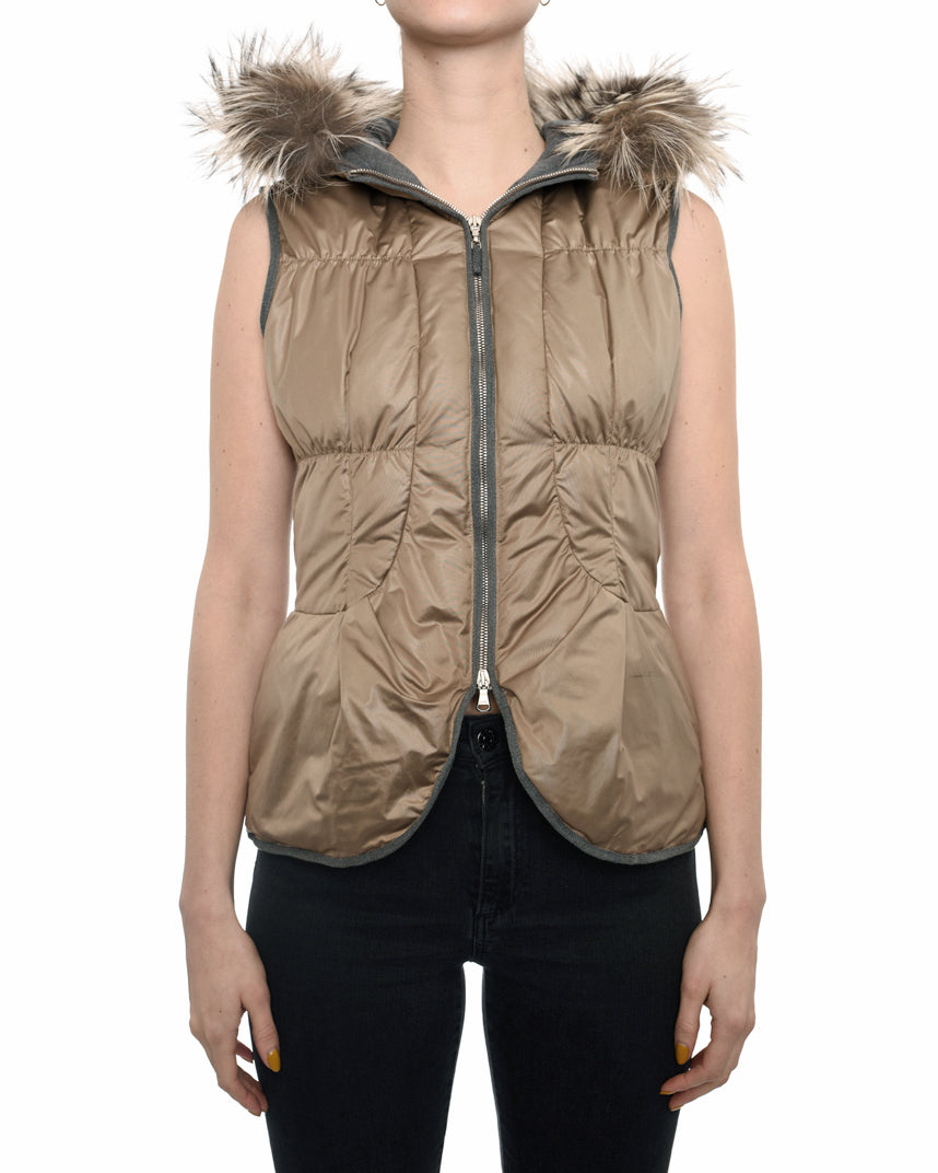 Brunello Cucinelli Women's Light Taupe Puffer Vest with Detachable Fur Hood - XS Small - Winter Fashion Outerwear for Casual & Outdoor Activities