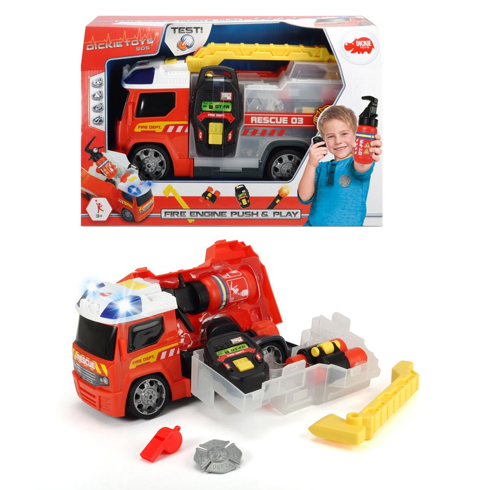 Dickie Toys 203716006 Push & Play Fire Engine Set - Interactive Fire Truck Toy for Kids with Lights & Sounds - Perfect for Pretend Play, Birthday Gifts & Preschool Learning Activities