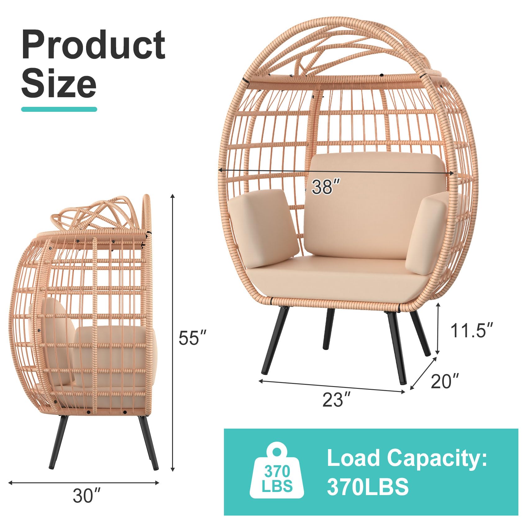 ZENPETIO Oversized Egg Chair - Indoor Outdoor Lounger with 4 UV Resistant Cushions & Storage Bag, All-Weather Wicker Hanging Egg Chair for Patio, Backyard, Living Room - 370lbs Weight Capacity (Brown) | Perfect for Relaxing, Reading & Sunbathing in Your Garden or Balcony