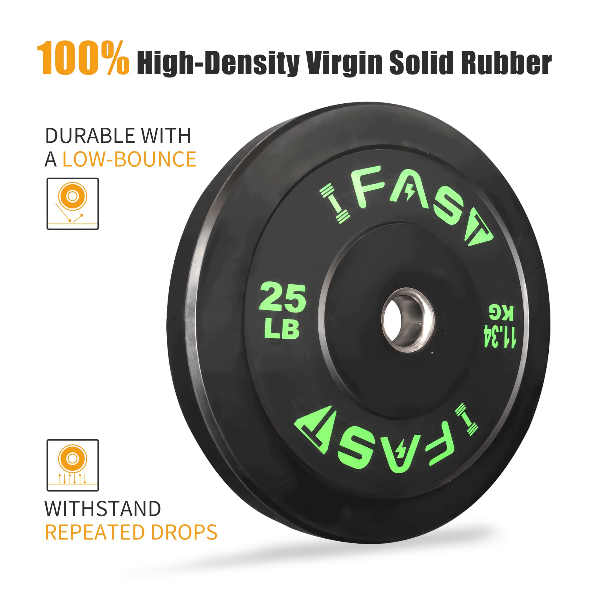 IFAST Olympic Bumper Weight Plates - 10LB to 55LB Rubber Coated Weightlifting Plates with 2-Inch Steel Insert for CrossFit, Powerlifting & Home Gym Workouts - Sold in Pairs or Complete Sets