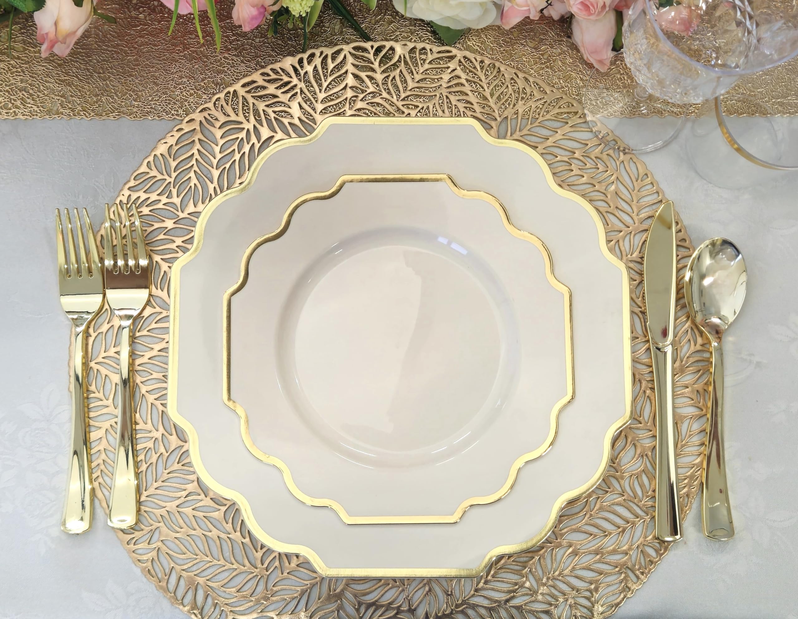 960-Piece Heavyweight Disposable Plastic Plate Set for Weddings & Parties - 120 x 10.5'' Dinner Plates, 120 x 8'' Dessert Plates, Silverware, Cups & Napkins in Imperial Ivory & Gold - Perfect for 120 Guests | Elegant Tableware for Wedding Receptions, Bridal Showers & Special Events