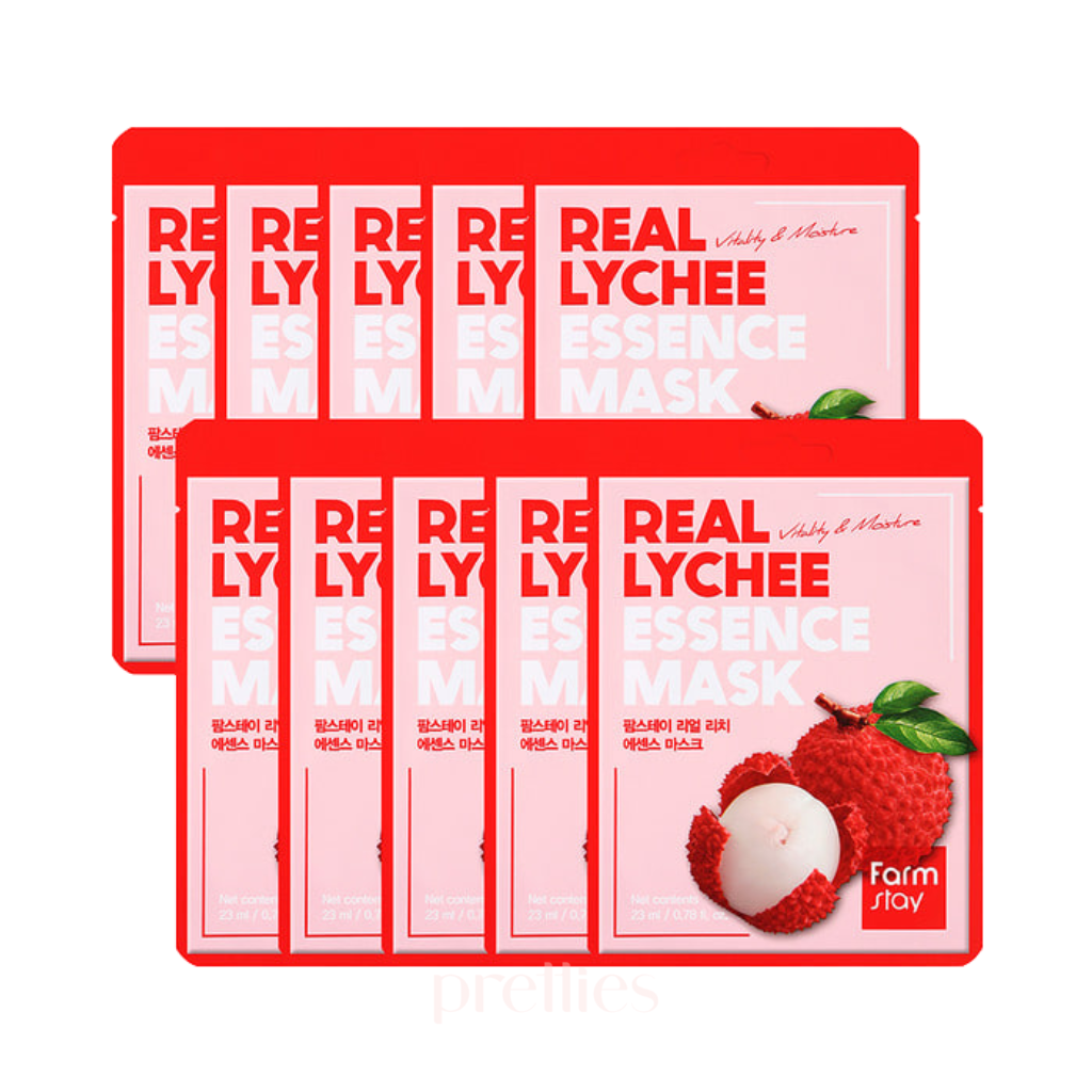 Farmstay Real Lychee Essence Facial Sheet Mask - 10 Pack for Hydrating & Brightening Skin - Perfect for Spa Day, Self-Care Routine & Gift Giving