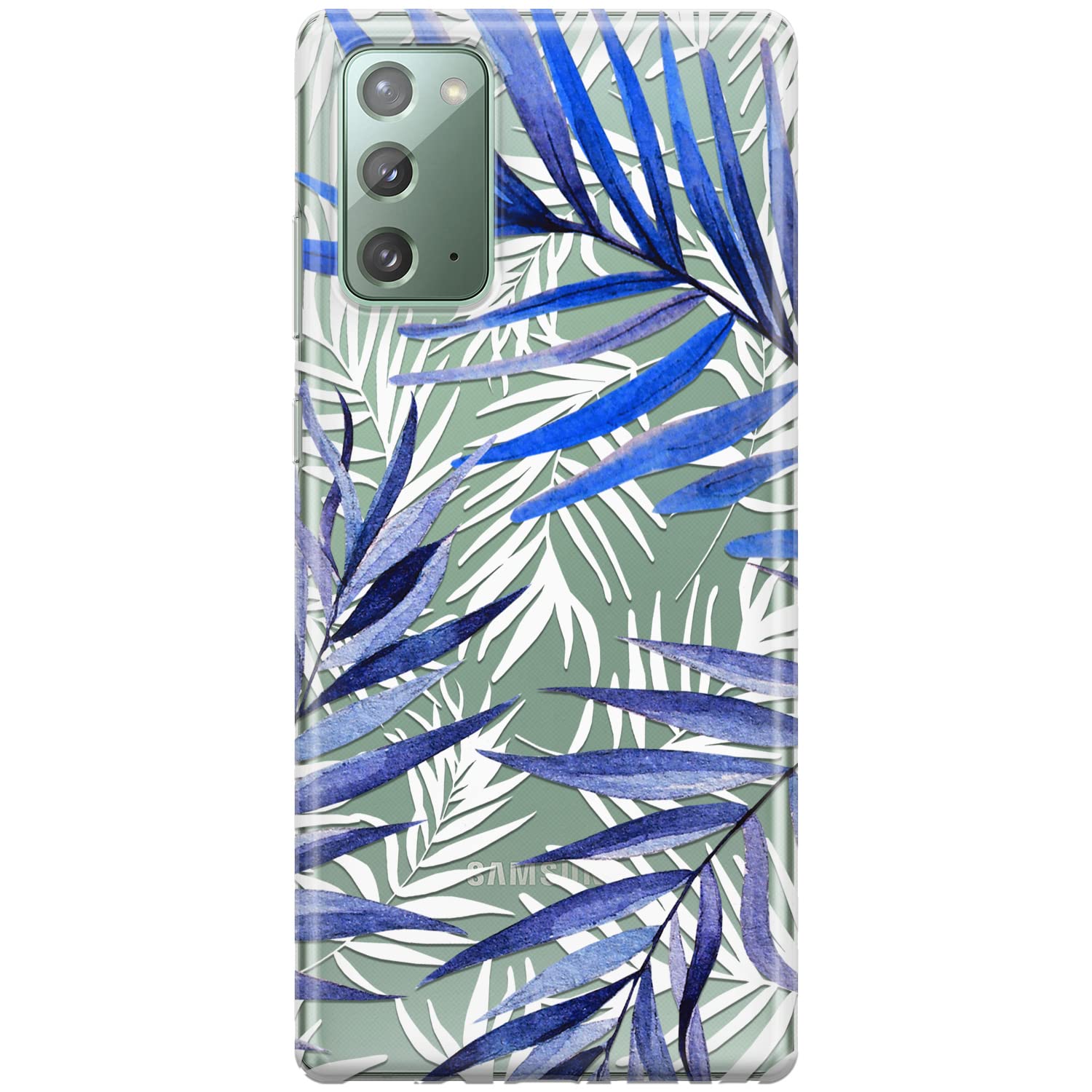 Samsung Galaxy S24 S23 Ultra S22 Plus S21 FE 5G S20 Note 20 Phone Case - Palm Leaf Design Protective Clear Silicone Cover with Tropical Aesthetic in Indigo Blue | Trendy Beach Style for Everyday Use & Vacation Outings
