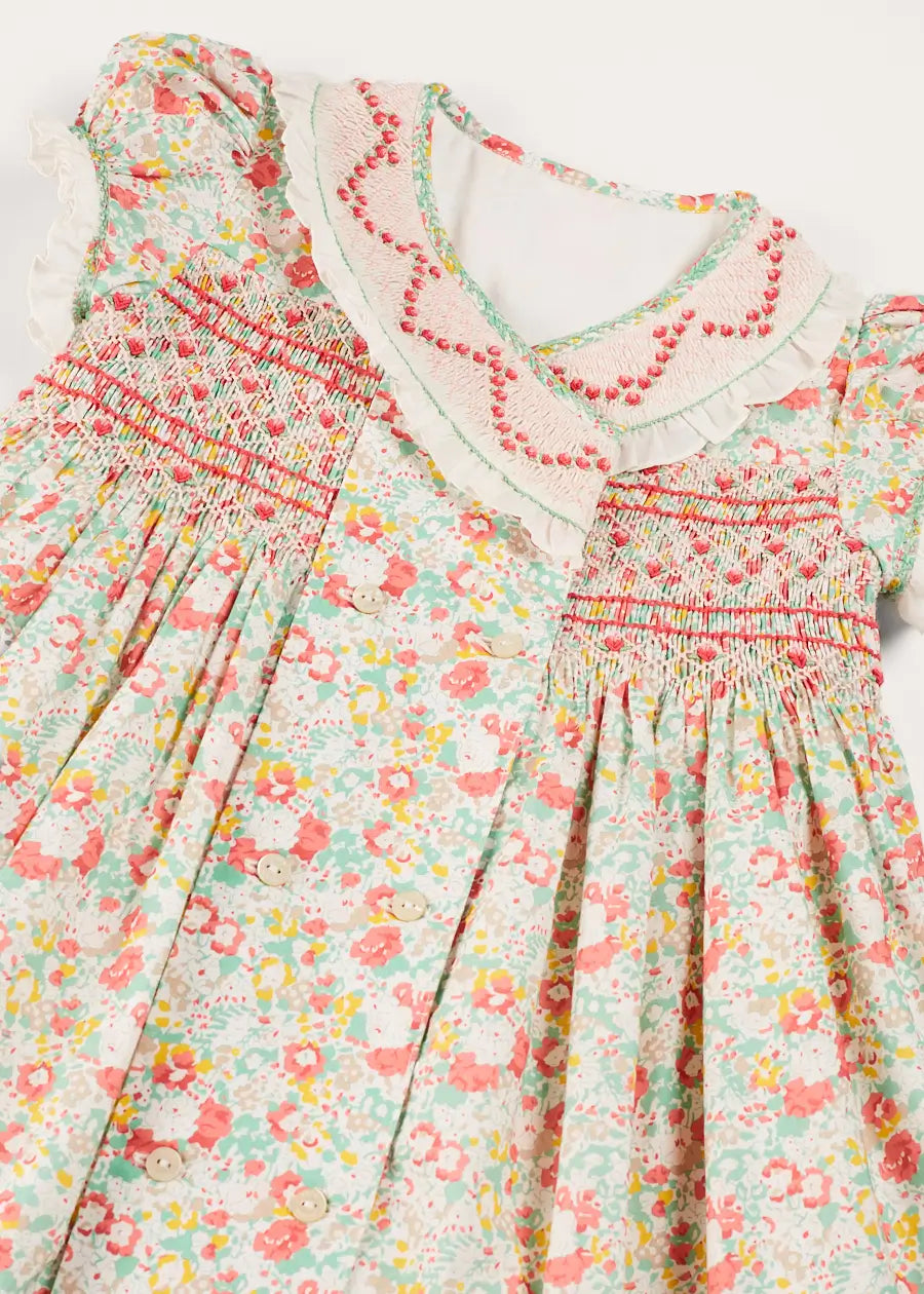 Floral Hand Smocked Double Breasted Short Sleeve Baby & Kids Dress - Coral (12 Months to 10 Years) | Perfect for Spring Photoshoots, Easter Outfits & Special Occasions