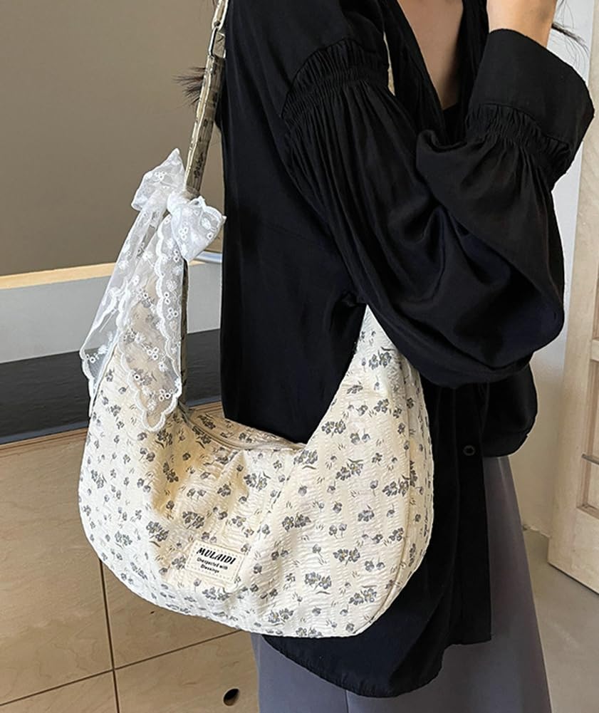 Stylish Floral Cotton Tote Bag for Women - Crossbody Shoulder Purse with Lace Ribbon Detail | Perfect for Travel, Shopping & Everyday Use in 2024