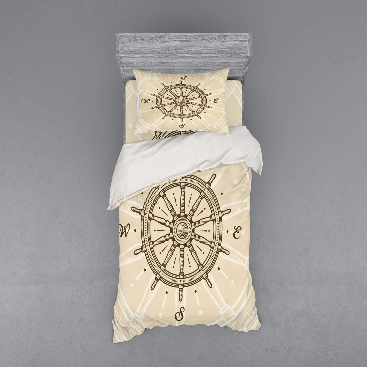 Ambesonne Nautical Ships Wheel Bedding Set - 3 Piece Duvet Cover with Sham & Fitted Sheet, Twin Size, Beige Brown Retro Sailboat Theme - Perfect for Coastal, Beach House or Maritime Decor Bedroom