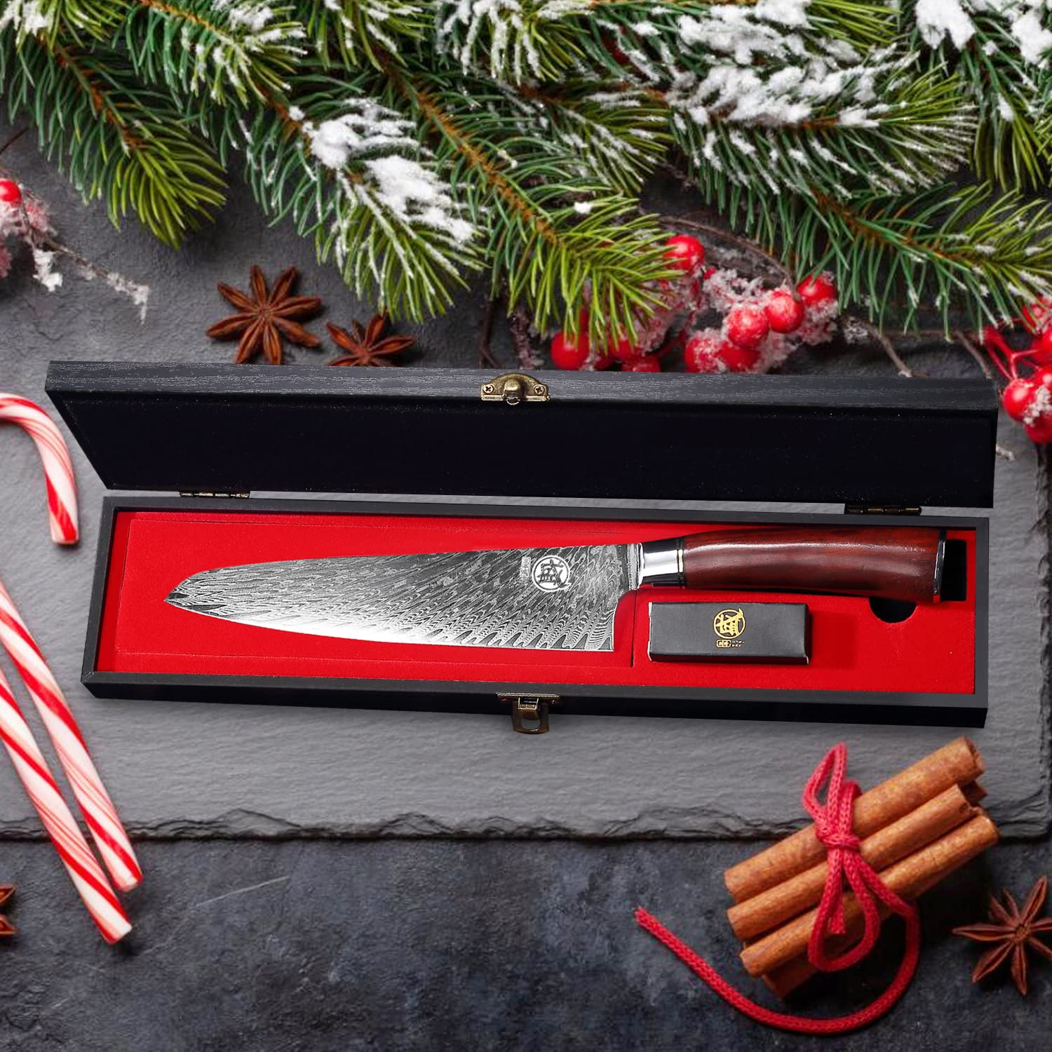 7.5 Inch Japanese Damascus Chef Knife - 67-Layer Hand Forged VG-10 Santoku Knife with Kotan Wood Handle - Professional Kitchen Knife for Meat, Sushi & Vegetables - Perfect for Home Chefs & Culinary Enthusiasts