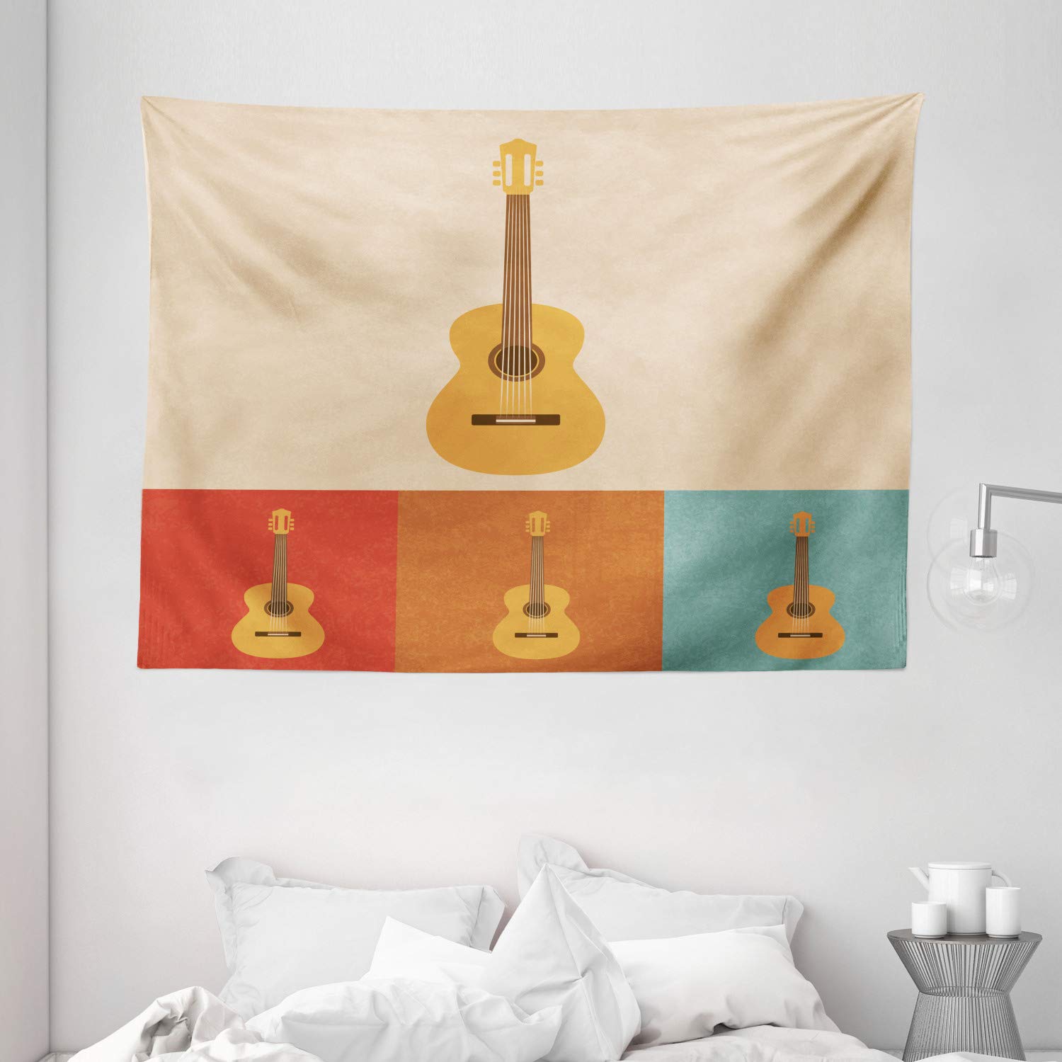 Ambesonne Vintage Guitar Tapestry - Colorful Retro Acoustic Guitar Wall Art with Nostalgic Music Design - 80x60 Inch Large Wall Hanging Decor for Bedroom, Living Room, Dorm - Perfect for Music Lovers & Home Decor (Multicolor)