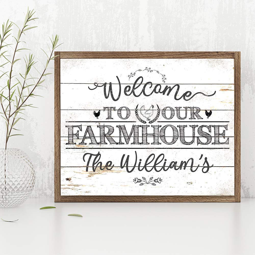 Personalized Farmhouse Welcome Sign - Custom Name Print, Chicken Coop Decor, Family Farm Gift - 11x14 Unframed Wood Style Poster - Perfect for Front Porch, Country Kitchen & Rustic Home Decor