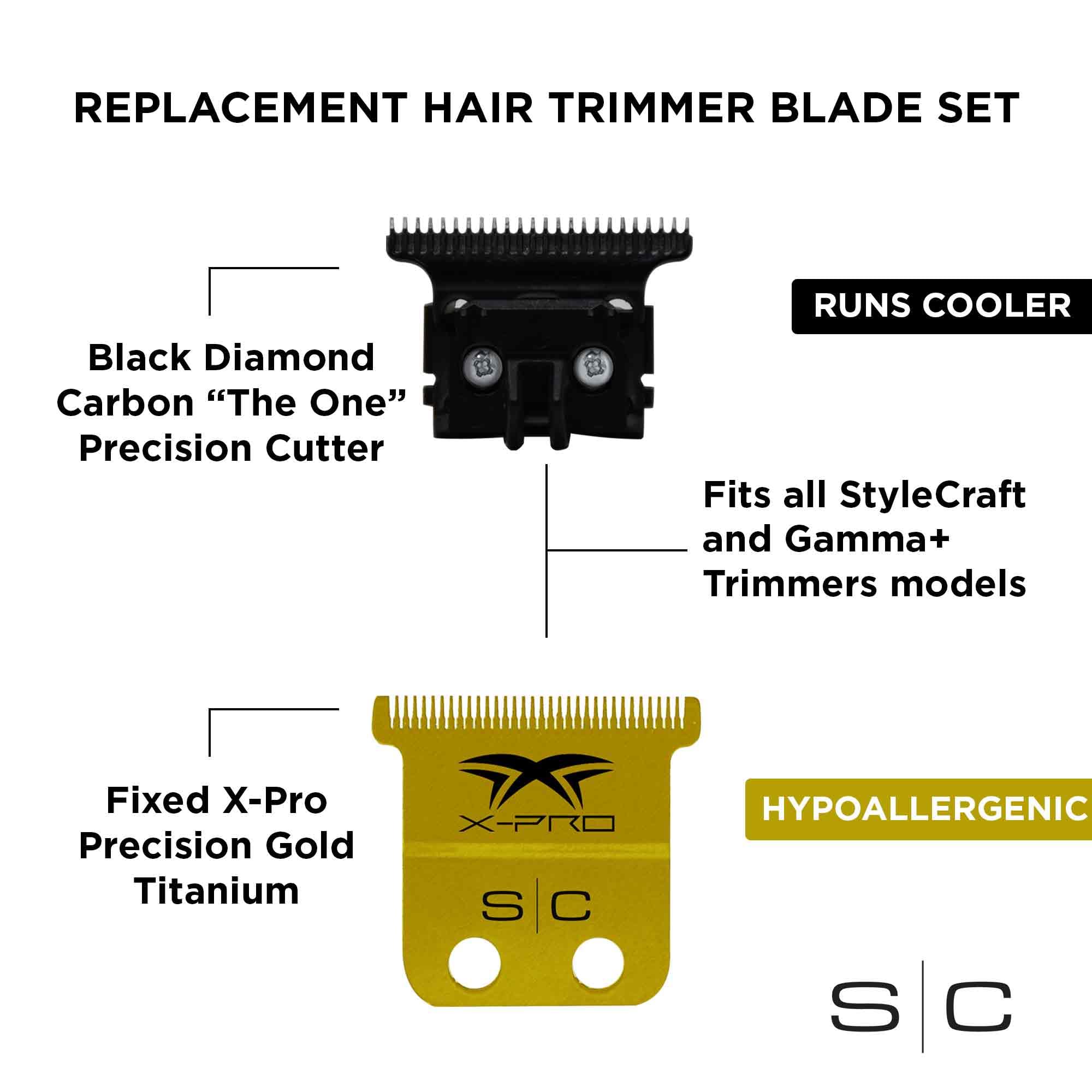 Stylecraft Replacement Fixed X-Pro Precision Gold Titanium Trimmer Blade with Black Diamond Carbon DLC - Professional Deep Tooth Cutter Set for Barbers & Stylists - Perfect for Fades, Lineups & Detailed Hair Cutting