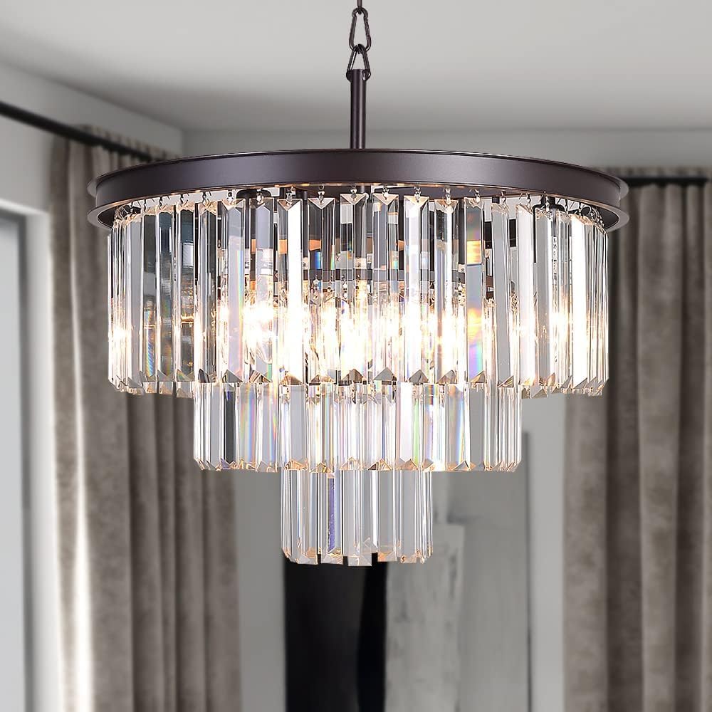 Modern Bronze Crystal Chandelier - 3-Tier Contemporary Pendant Light Fixture for Dining Room & Living Room | Elegant Ceiling Lighting for Home Decor, Weddings & Luxury Interiors