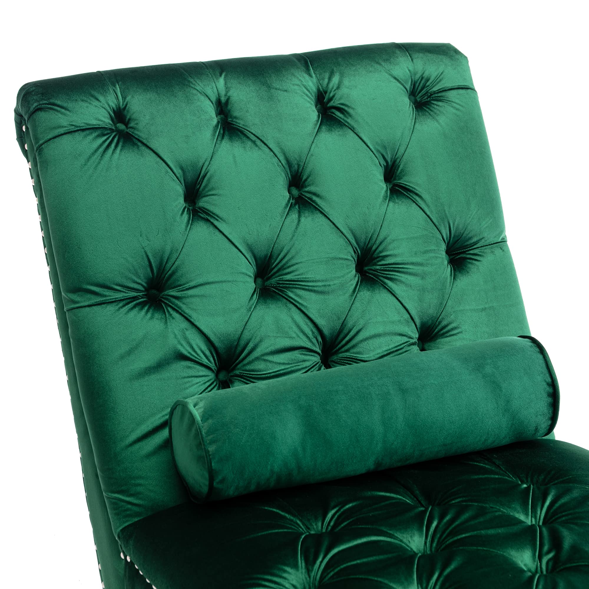 Velvet Chaise Lounge Chair with Tufted Buttons & Toss Pillow - Upholstered Modern Sofa with Acrylic Feet for Living Room, Bedroom, Office - Emerald Green Lounge Chair for Relaxing, Reading & Napping