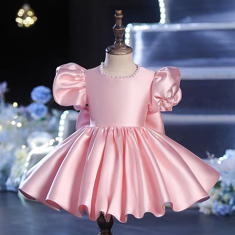 Pink Satin Princess Flower Girl Dress with Puff Sleeves - Perfect for Weddings, Birthday Parties & Special Occasions