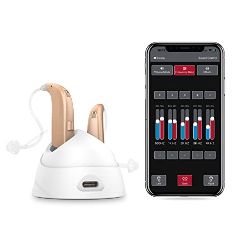 Rechargeable Bluetooth Hearing Aids with APP Control for Seniors & Adults - Personalized Hearing Test, Noise Cancelling (Beige) | Perfect for TV Watching, Phone Calls & Outdoor Activities
