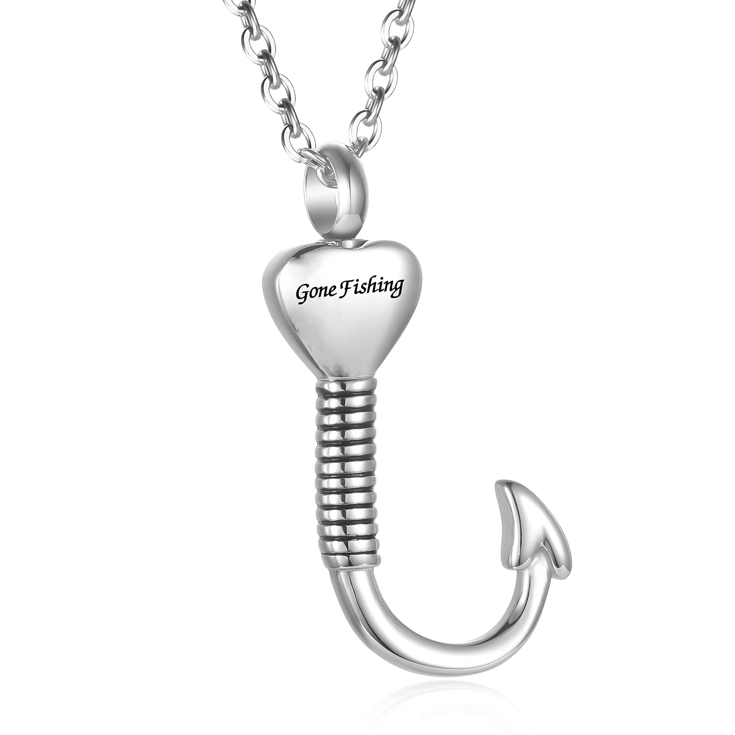 316L Stainless Steel Fish Hook Memorial Pendant - Cremation Jewelry for Ashes Keepsake - Fishing Enthusiast Tribute