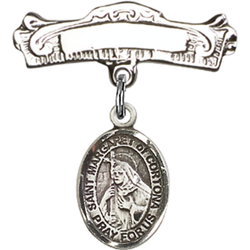 St. Margaret of Cortona Sterling Silver Baby Badge with Arched Polished Pin - 7/8 x 7/8 Inches - Perfect for Christenings, Baptisms & First Communion Gifts