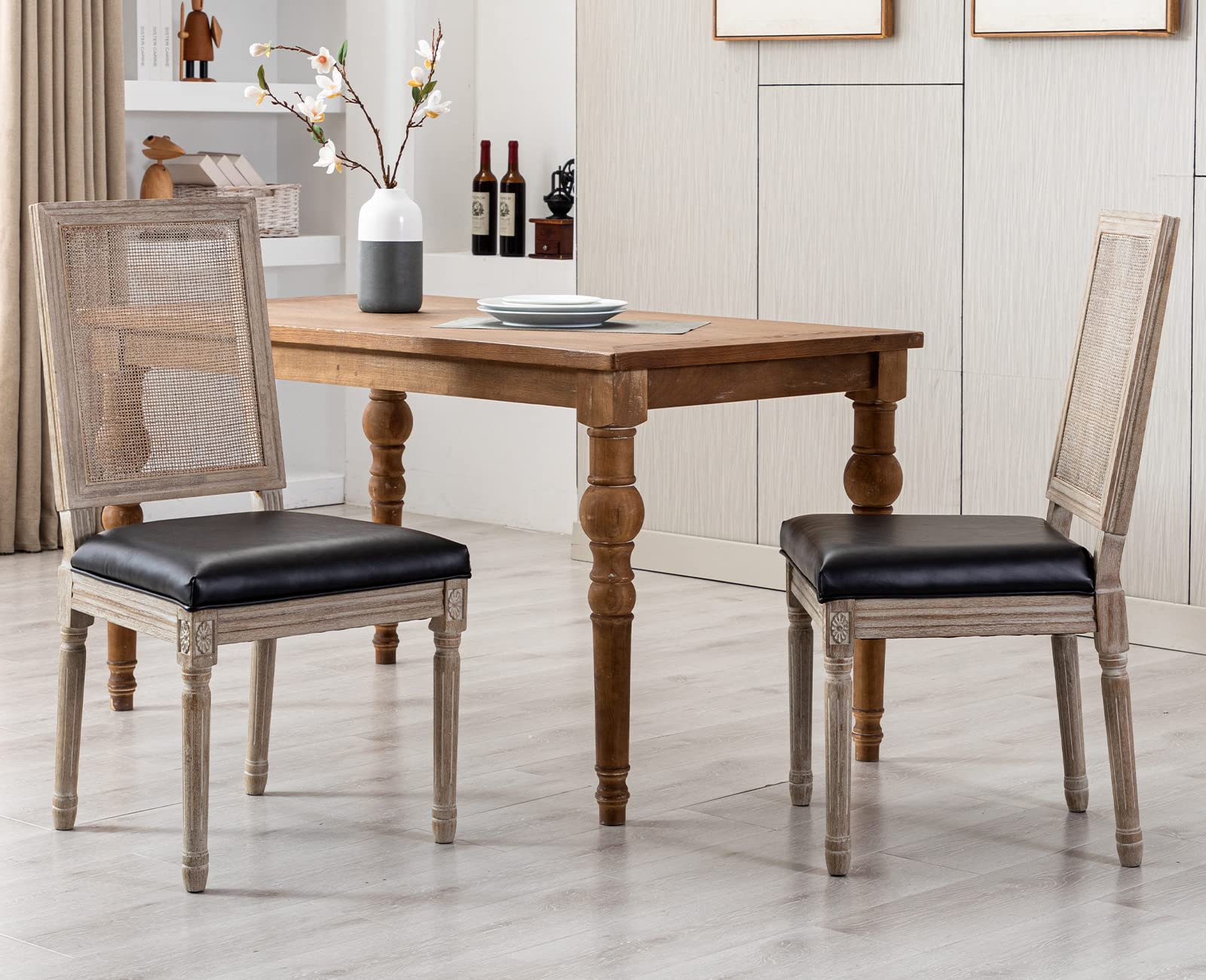 Kmax Dining Room Chairs Set of 2 - PU Leather French Style Chairs with Rattan Square Back - Modern Farmhouse Kitchen & Living Room Chairs in Black - Perfect for Dining Sets, Breakfast Nooks & Home Decor